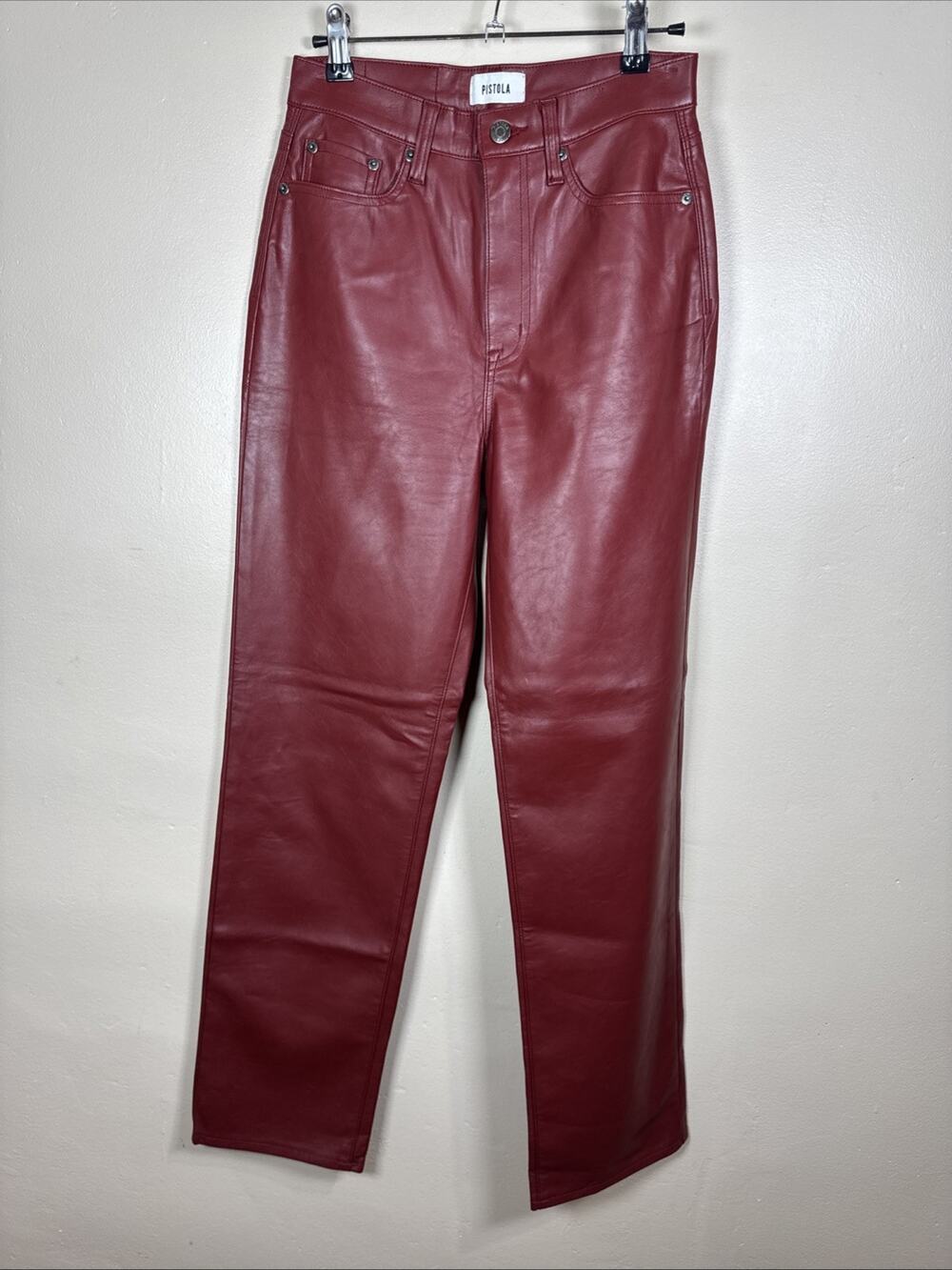 Pistola Cassie Super High Rise Straight Pant in Carmine Red Vegan Leather 25